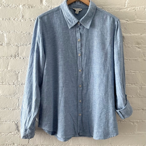Orvis Tops - Orvis Womens Linen Blend Button Up Relaxed Fit Blue Tunic Top Coastal Preppy L